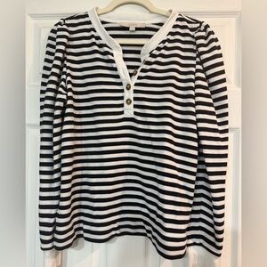 LOFT Black and Ivory Striped Knit Henley